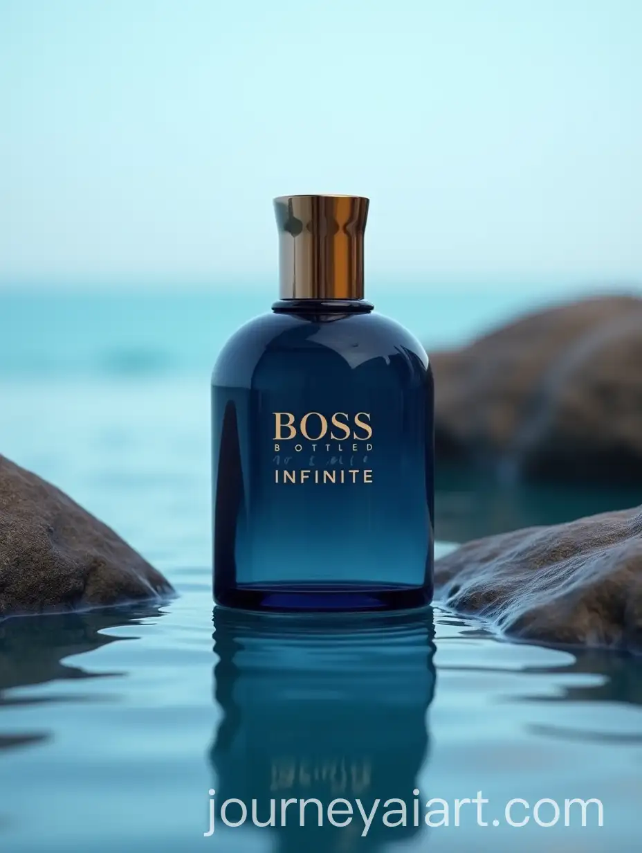 Boss-Bottled-Infinite-Perfume-on-Calm-Water-Surface-with-Rocks