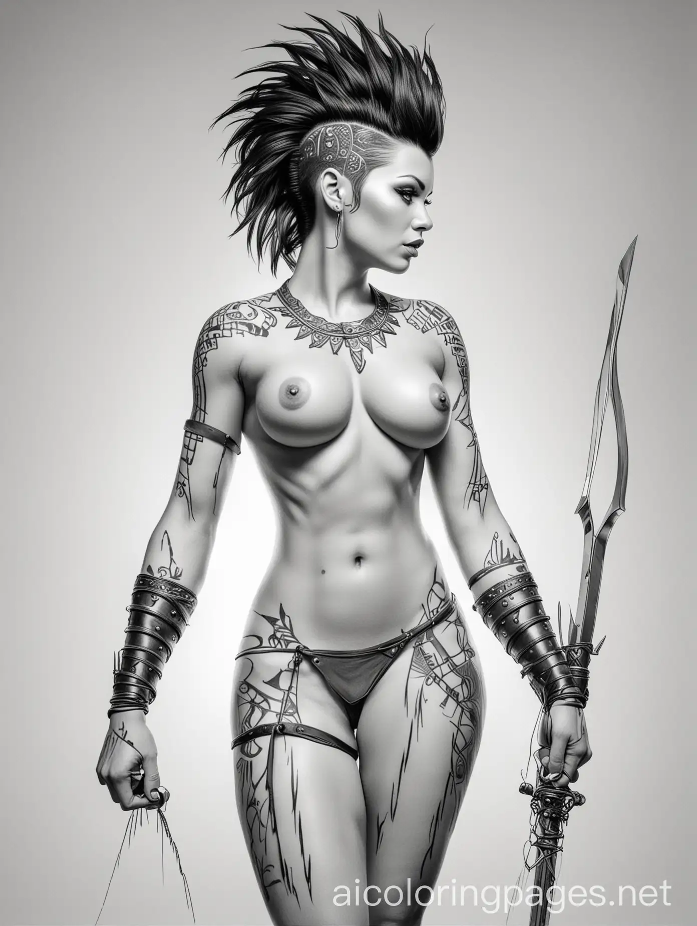 line art, black on white, voluptuous naked female warrior, with mohawk standing in sunset., Coloring Page, black and white, line art, white background, Simplicity, Ample White Space. The background of the coloring page is plain white to make it easy for young children to color within the lines. The outlines of all the subjects are easy to distinguish, making it simple for kids to color without too much difficulty