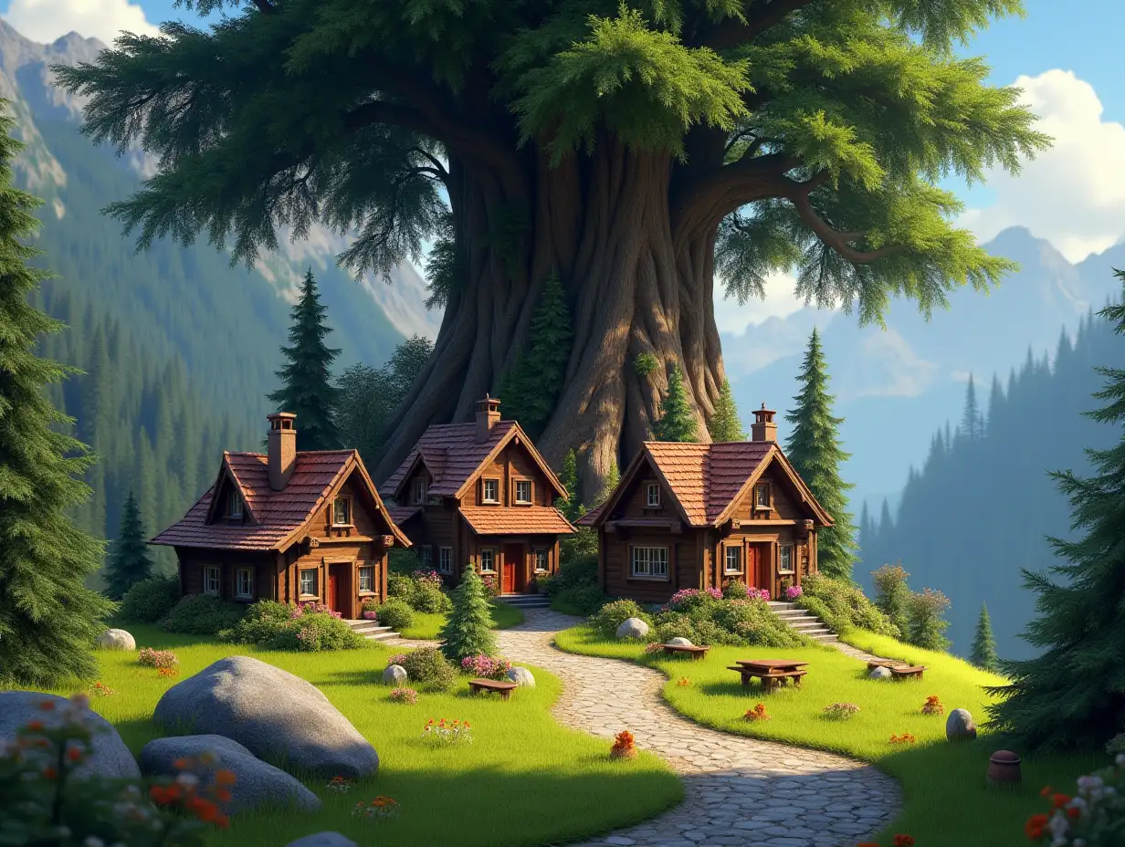 Pixar 3D style, hyper-realistic oil painting, of a small fairy village with many homes, at the base of a Fir tree in the Swiss alps, at the bottom of a garden of a chalet,  Octane render, ray tracing, depth of field, super detail.