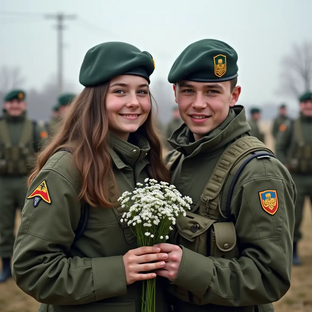 a young man and a girl in uniforms of Ukrainian armed forces in 2022-2024 in the combat zone. The girl is holding flowers.