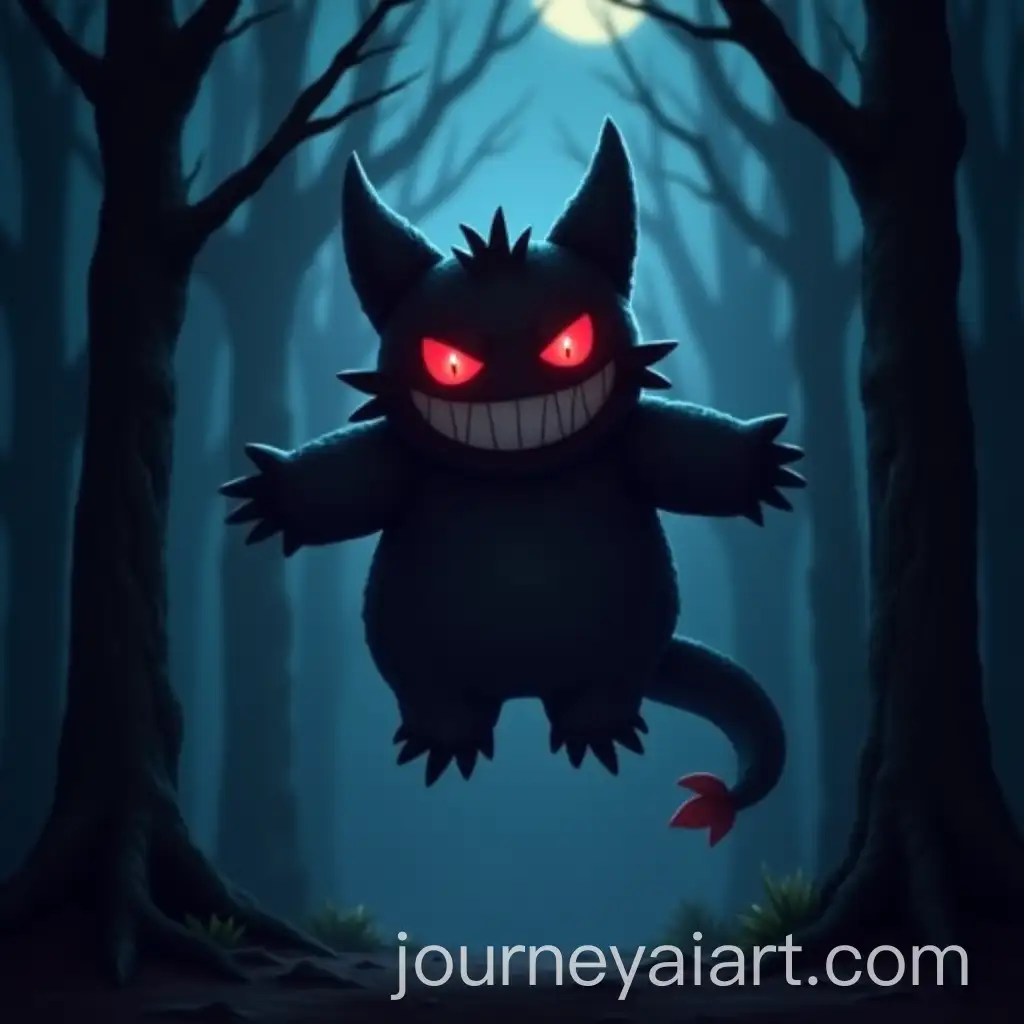 Gengar-Floating-in-a-Dark-Forest-at-Night-with-Red-Eyes