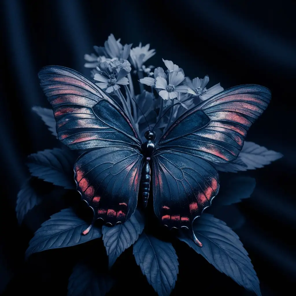 Colorful Butterfly with Delicate Metallic Wings on Leaves