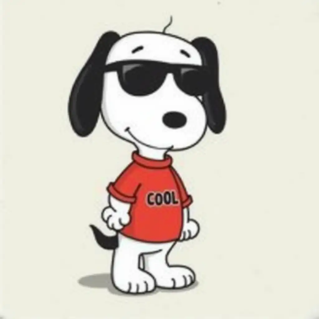 the cartoon dog, is depicted in a stylized illustration. He wears sunglasses, a red shirt with the words 'COOL' printed on it, and has his signature white and black coloring. Her pose suggests a confident and calm position, with her body slightly inclined. The style of the artwork is a simple line drawing, typical of vintage cartoon illustrations. The background is a neutral light gray.