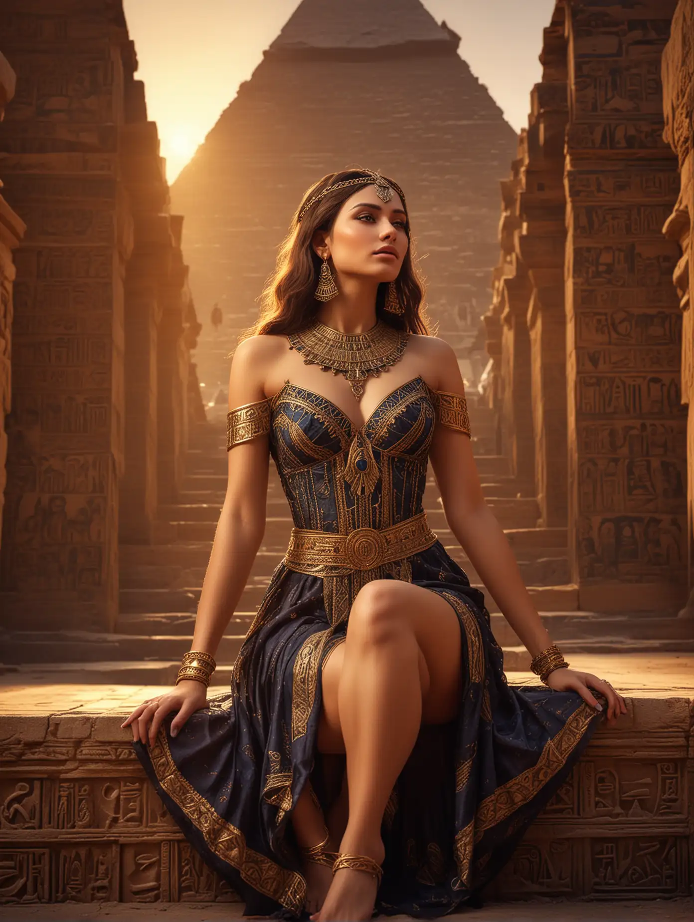 Egyptian-Queen-in-Majestic-Pose-at-Sunset-Pyramide-Steps