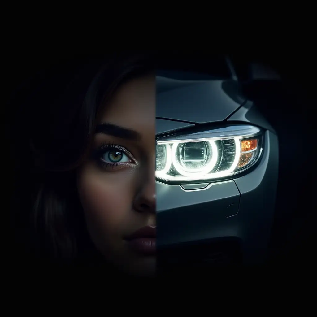 Create a unique and artistic image, split in half. On one side - a close-up of a beautiful girl's eye, radiating depth and emotions. The eye should be bright and expressive, with detailed lashes and a pupil reflecting light. On the other side - a headlight of a BMW car, brightly glowing and creating a powerful lighting effect. The headlight should be detailed, with clear lines and reflections, highlighting its modern design. The background of the image should be black to emphasize both halves and create contrast. The overall composition should convey a sense of dynamics and harmony between human beauty and engineering art.