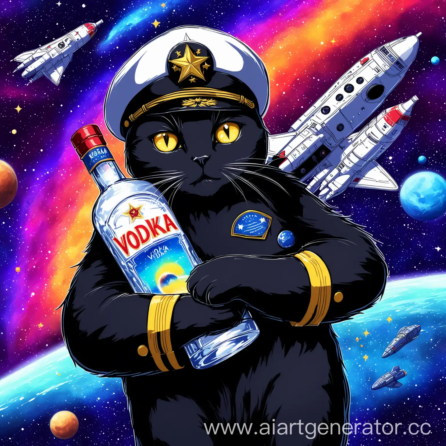 Black-Cat-Hugging-Bottle-Of-Vodka-With-Fleet-Captains-Hat-In-Colorful-Space-And-Spaceships