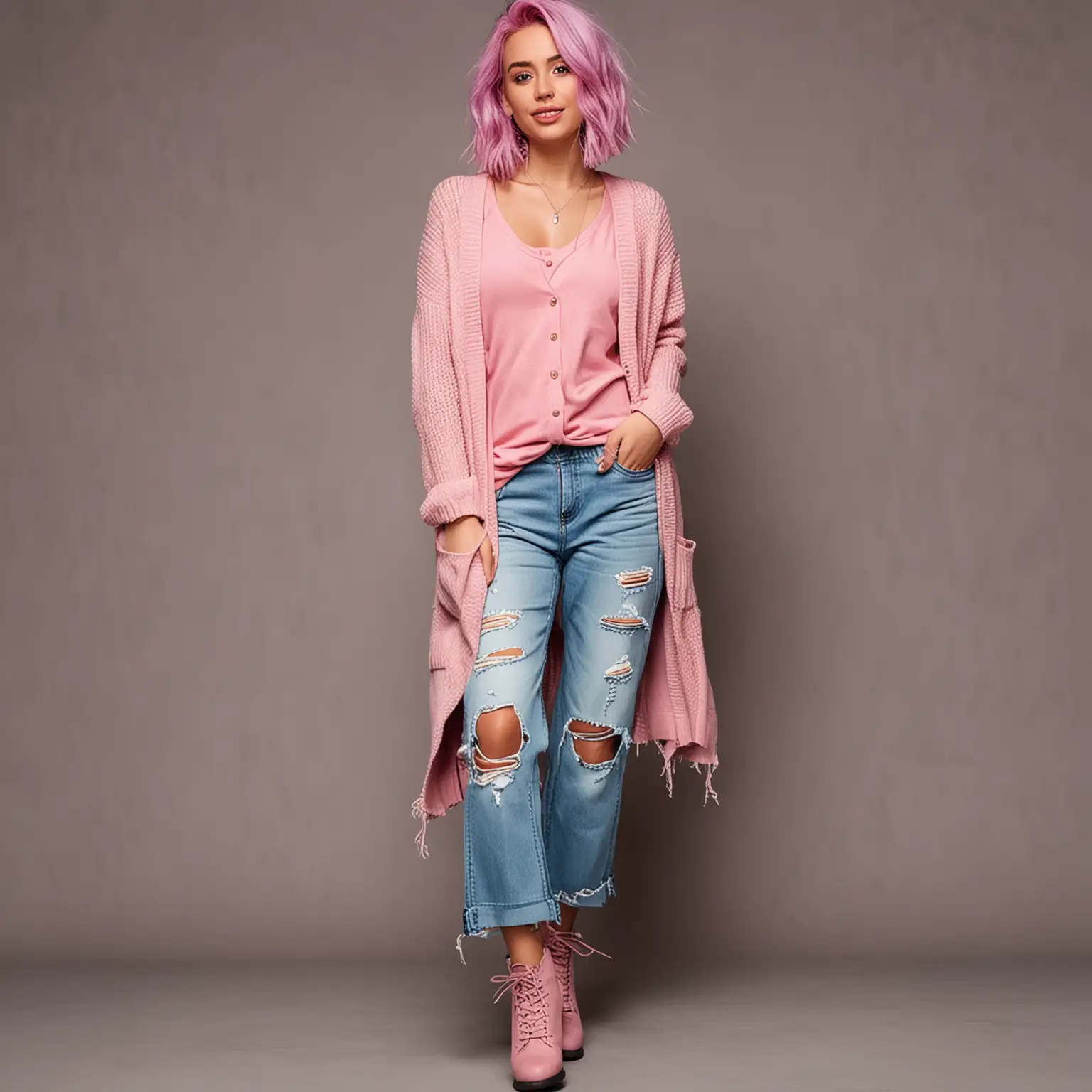 Stylish Young Woman in Purple Hair and Pink Cardigan