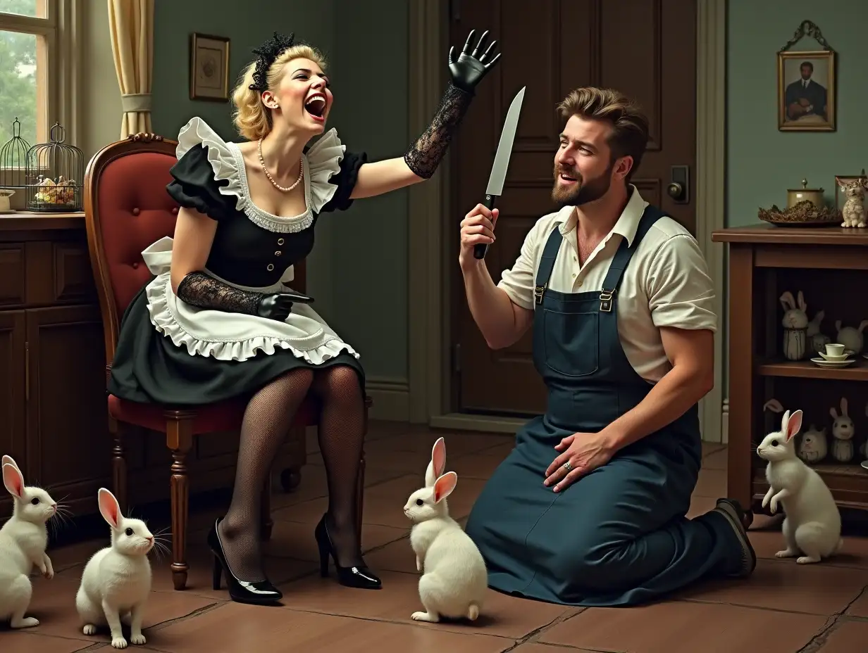 Kitchen, mature French maid sits on a chair, laughing, in black tights with arabesque pattern, on high heels, in black long lacy gloves, blonde, widely open eyes, makeup, blue shadows for eyes, black lacy headband, hand raised high with large kitchen knife, many rabbits in iron cages on the floor. Man kneeling, crying. Very detailed, colorful, realistic