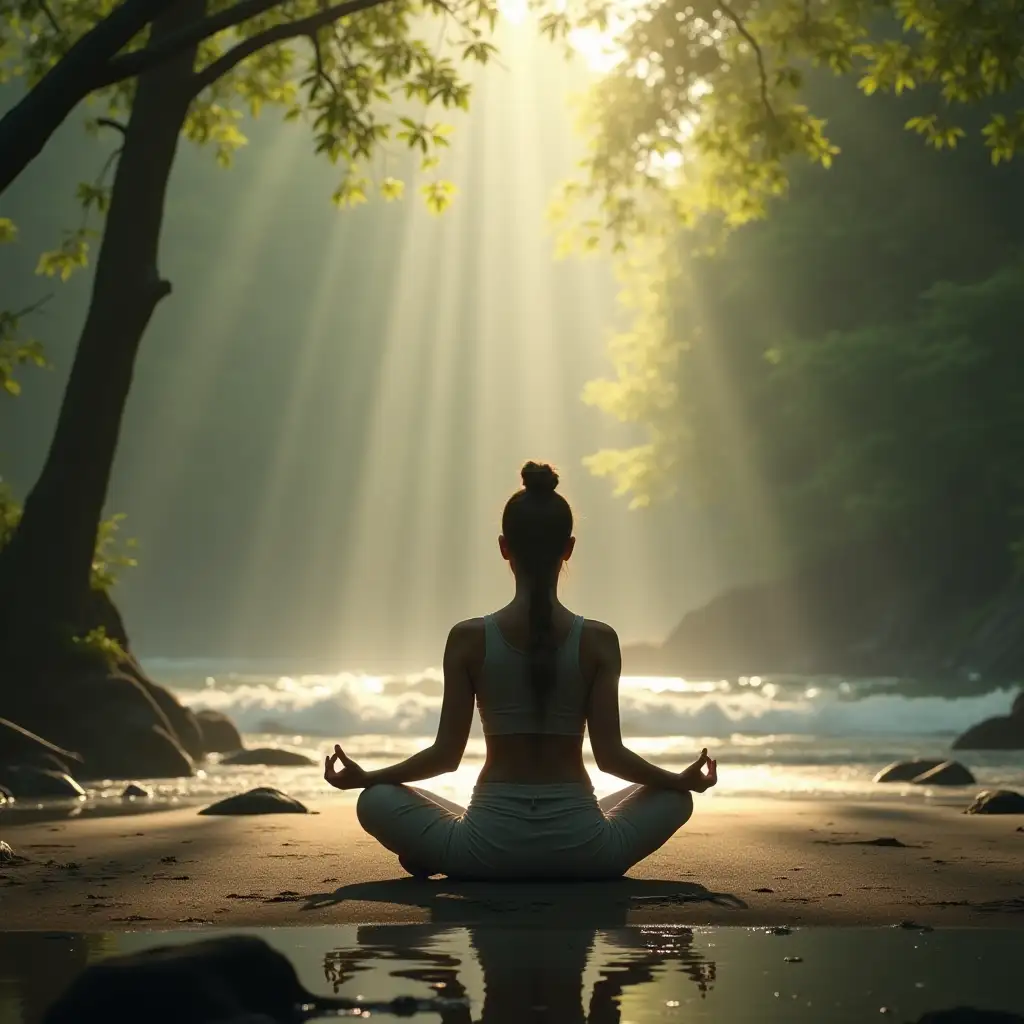 A photorealistic JPEG image of a person practicing mindful meditation in a serene natural setting, like a forest or beach, with a resolution between 4MP and 100MP, and a file size under 45MB. The image should convey a sense of calm and tranquility.