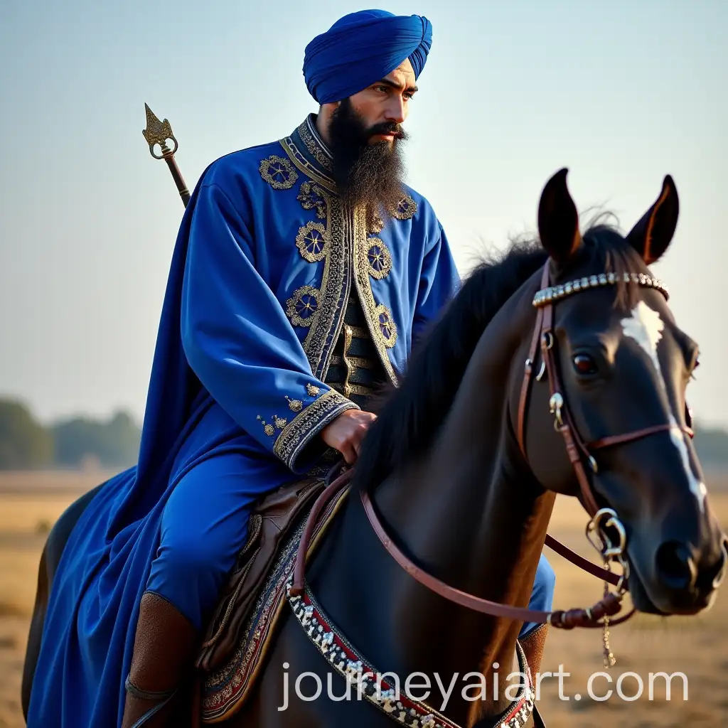 Khalsa-Man-Riding-Dark-Blue-Horse-with-Traditional-Sikh-Symbols