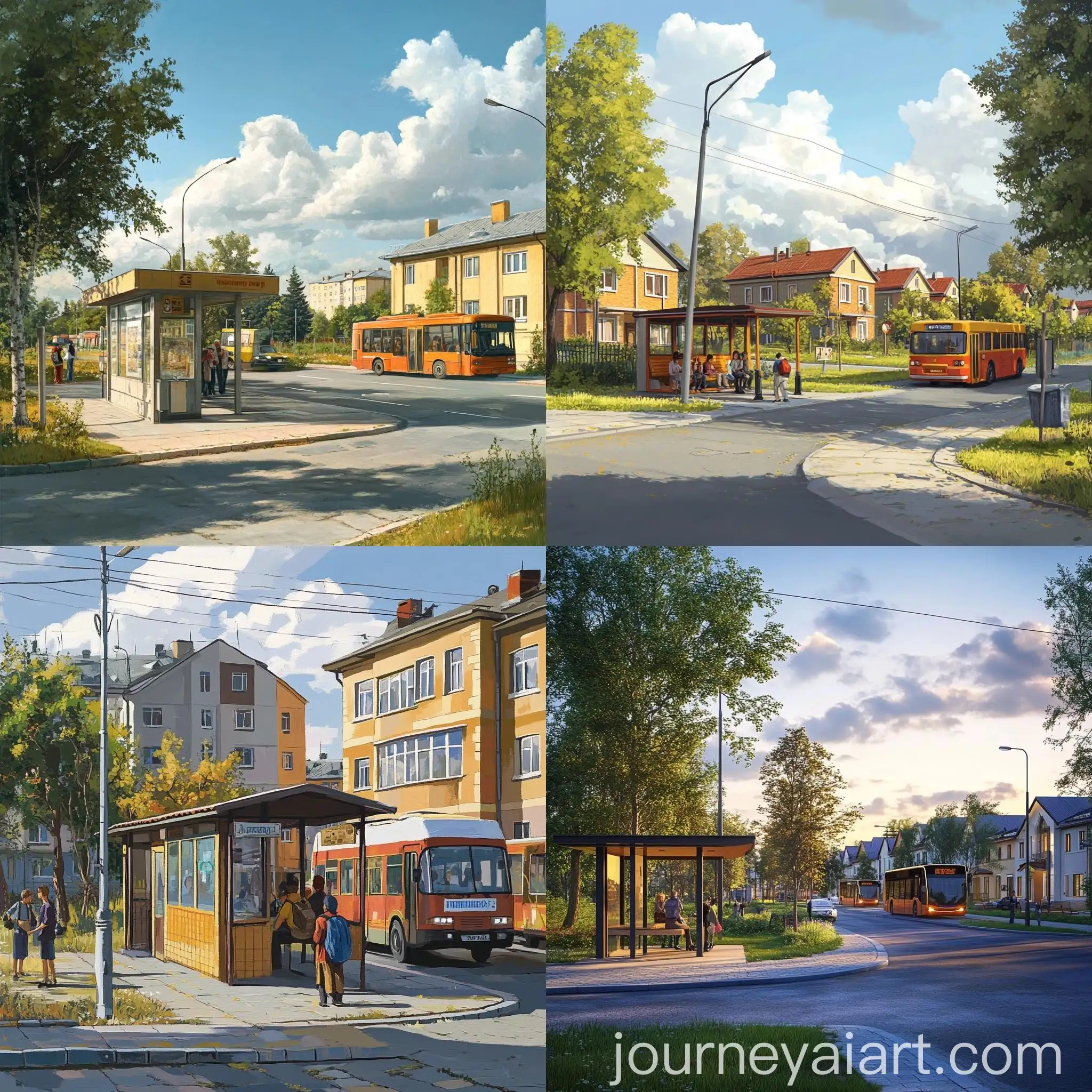 Modern-Cottage-Settlement-with-Bus-Stop-and-Passengers