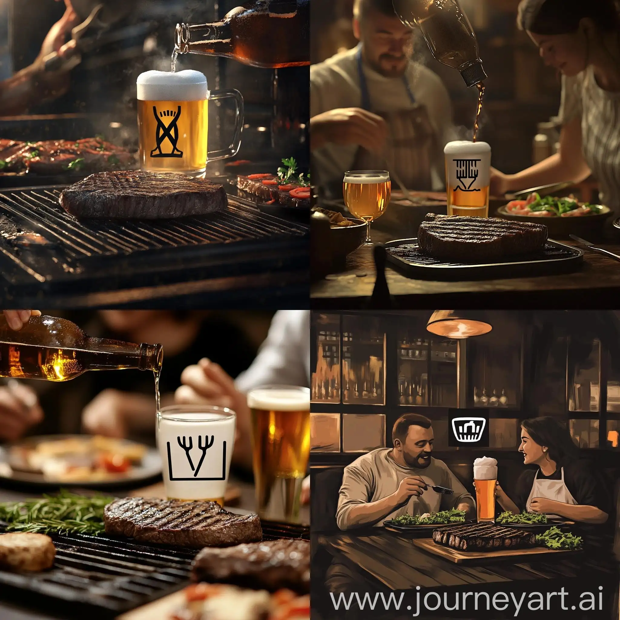 Man-and-Woman-Enjoying-Steak-and-Beer