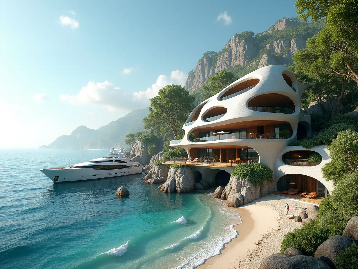 Create a high-resolution, realistic panorama image of a futuristic terrace building with snail-house windows with a bridge, a yacht and a small beach with people, many plants and grey and brown facades with sea with waves, large trees, blue sky