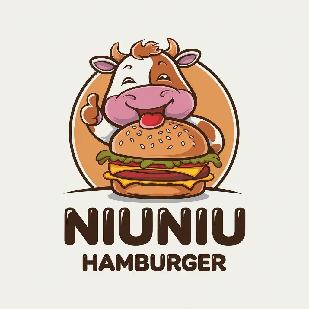 a vector logo design,with the text "Niuniu Hamburger", main symbol:Happy joyful cute little cow, ate a big hamburger, raised a thumb up, thought it was very delicious and tasty, with a enjoying and happy expression. The street burger stall is managed by a girl, the cow's image should be more cute.,Moderate,be used in Catering industry,clear background