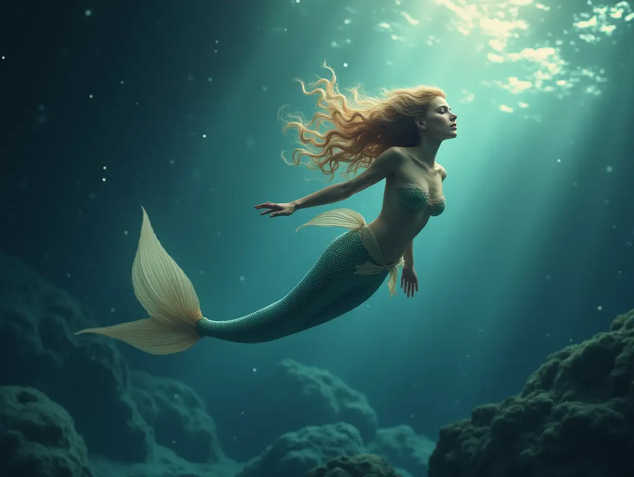 nice young mermaid, floats in the atmosphere, above the earth, in space, looks longingly. down