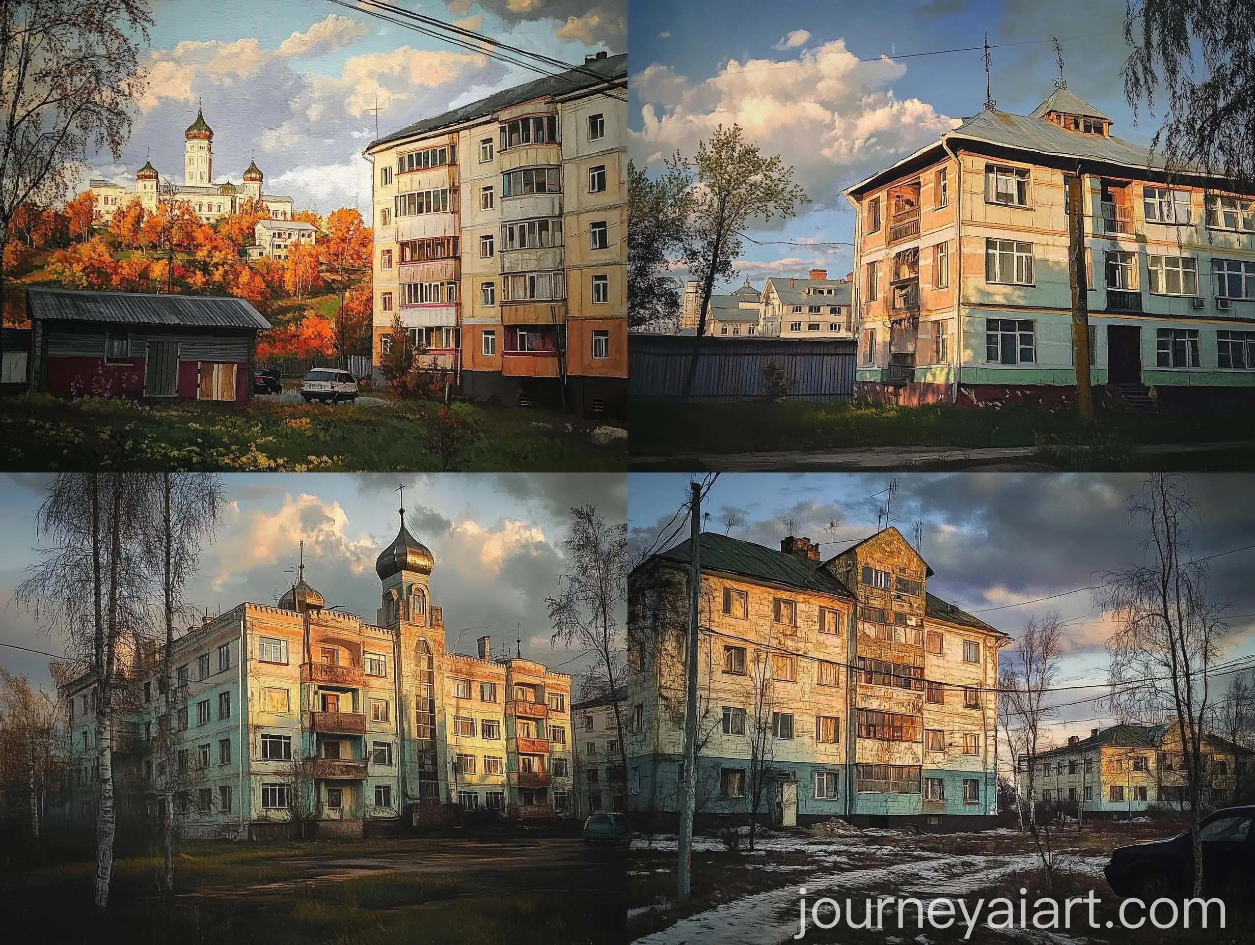 Traditional-Russian-Wooden-House-at-Sunset-Under-Cloudy-Skies