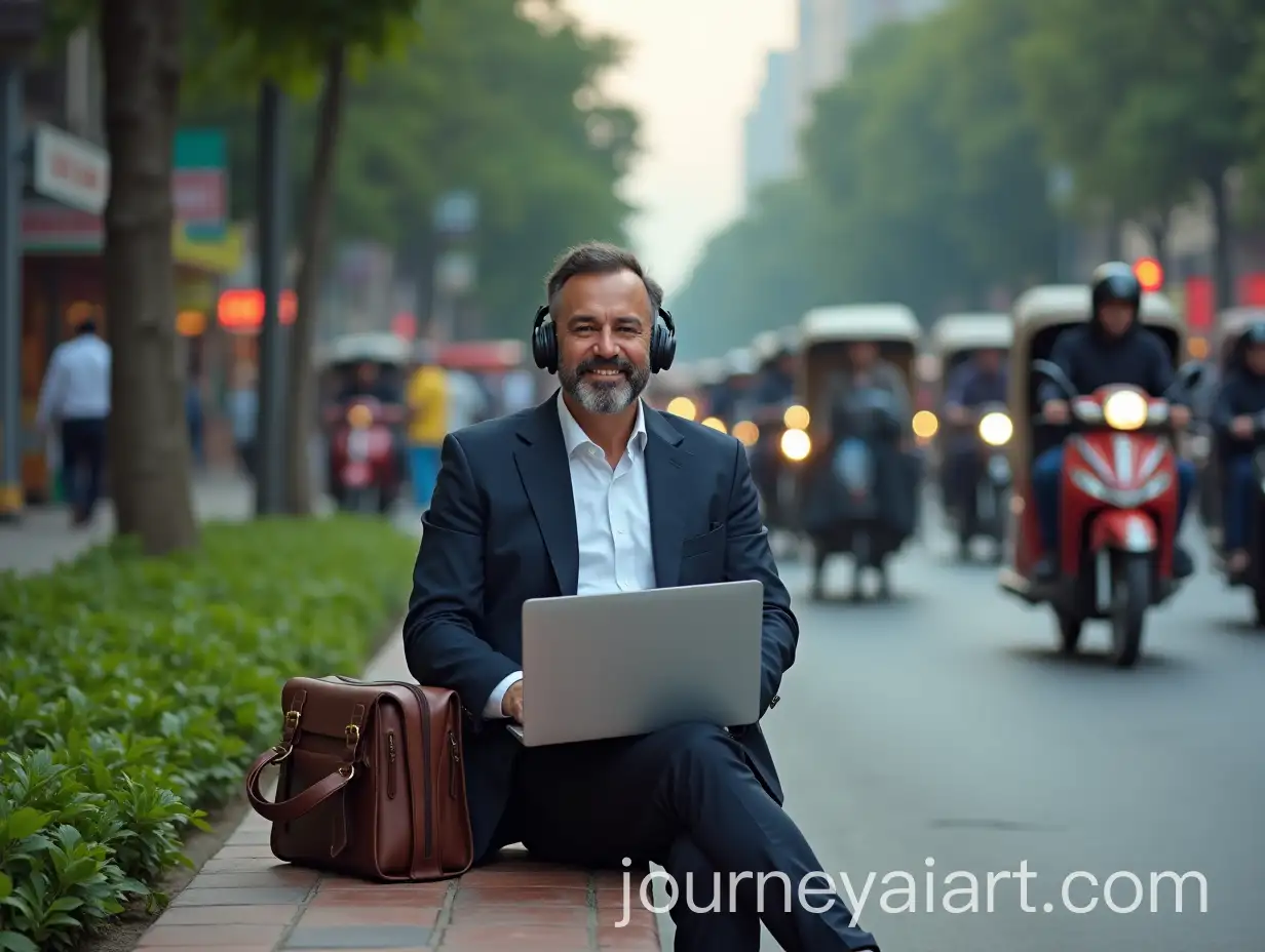 Businessman-Working-on-Laptop-in-Bustling-Urban-Street-with-Motorcycles-and-Rickshaws