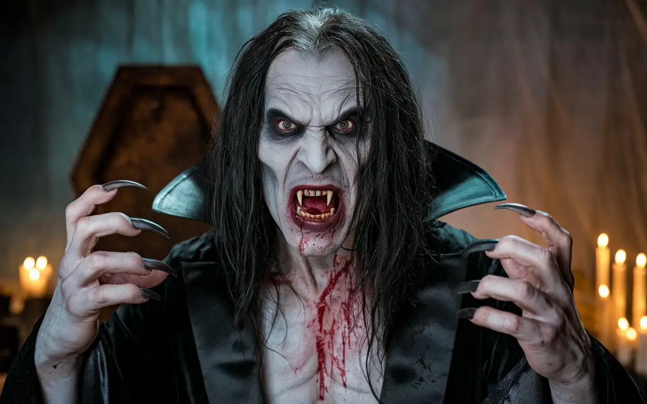 The character in the picture clearly depicts a monstruos ancient  skinny vampire. Here are the main features: * **Appearance:* He has pale skin, which is typical of vampires. He has long, loose black hair that looks disheveled, which gives him a wild look. He has heavily made-up eyes. * **Clothing:** He is dressed in black, possibly a robe or hoodie, which is also a classic attribute of the vampire image. * **Facial expression:** He shows his big pointed fangs and his mouth is covered in blood, indicating that he recently drank blood. His hands have long nails like the beast claws. His expression is angry and threatening. * **Overall impression:** The general appearance of the character is a classic, frightening vampire who is dangerous. Wide-angle



















































































































































































































































