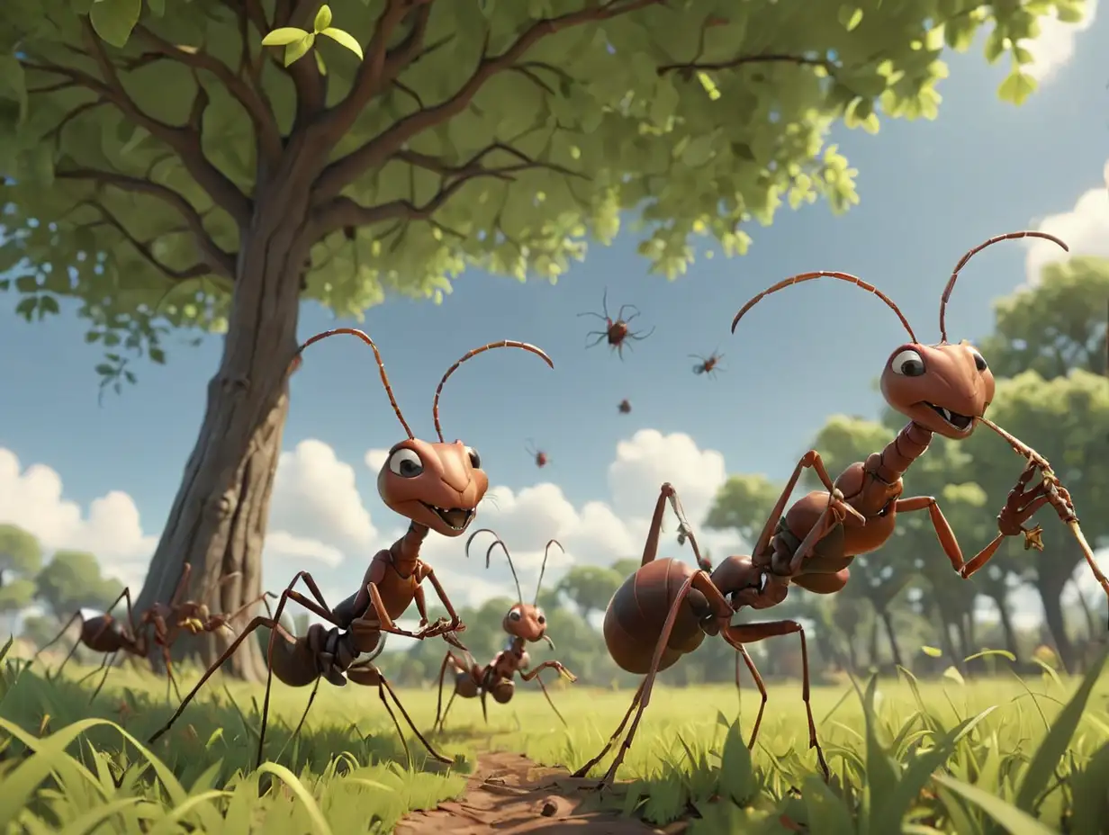 A wide-angle, long-distance view of three large ants carrying and collecting pieces of twigs in the atmosphere of a grassy field beneath a tree., 3d disney inspire