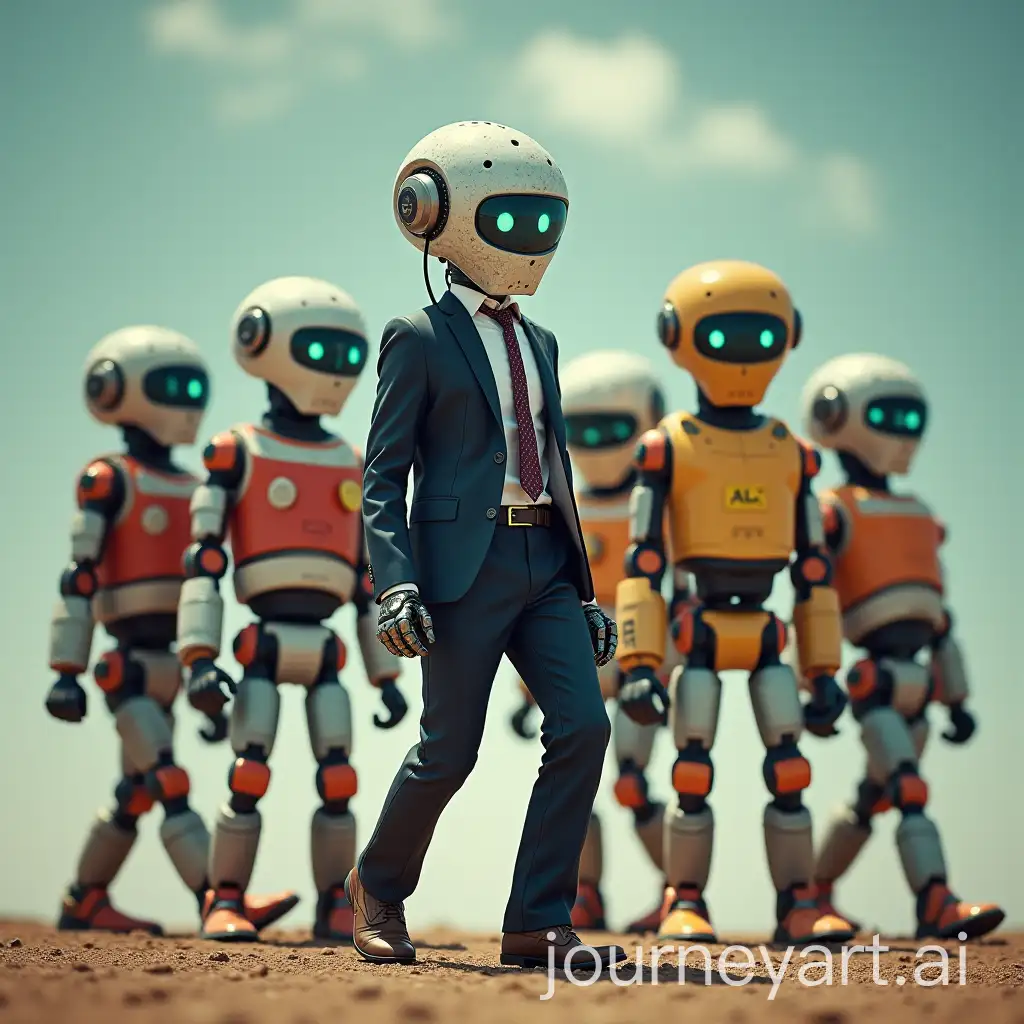 Six-Robots-Elevating-a-Businessman-Like-a-Rock-Star