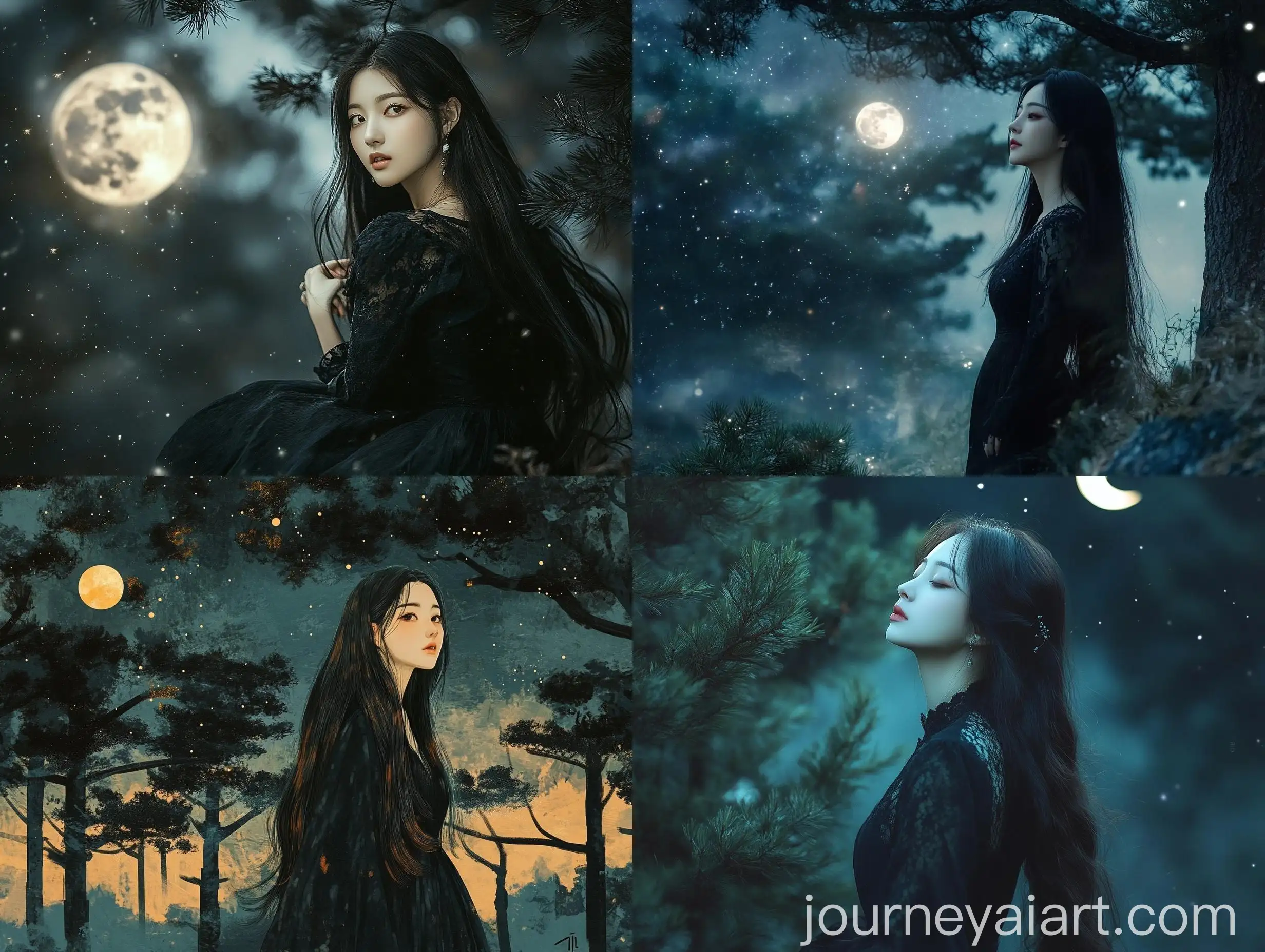 Korean-Woman-in-Black-Dress-in-Moonlit-Pine-Forest