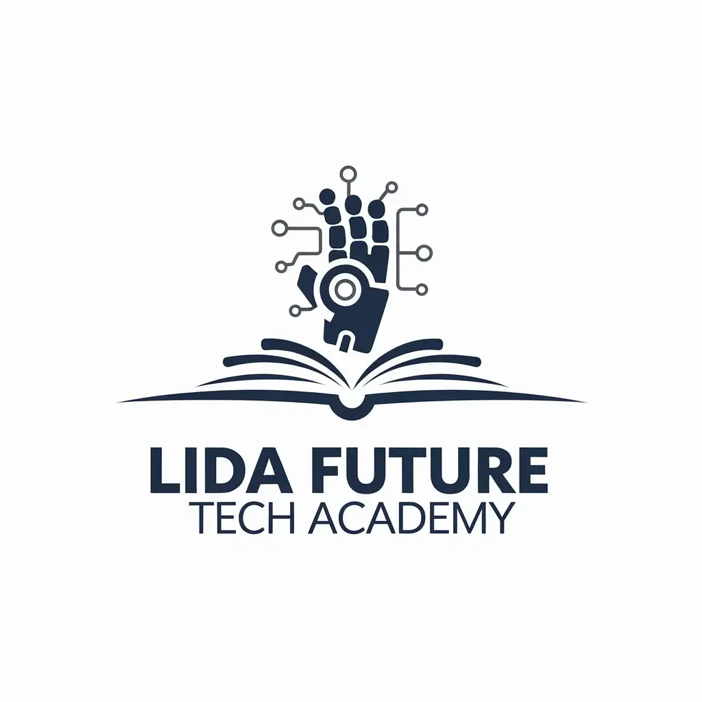 LOGO Design for Lida Future Tech Academy Robotic Hand and AI Symbol Interacting with Educational Tools