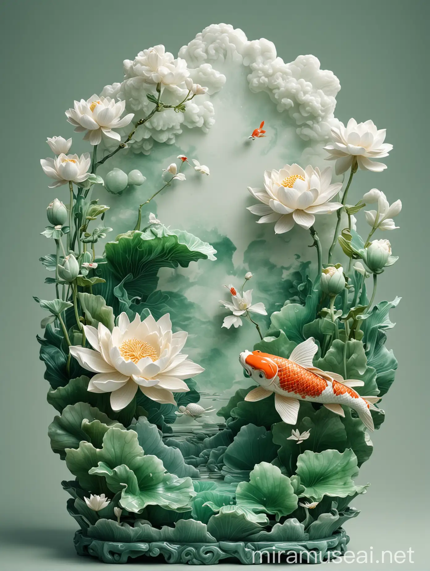 Jade Lotus and Koi in Serene Landscape Watercolor Jade Carving Art