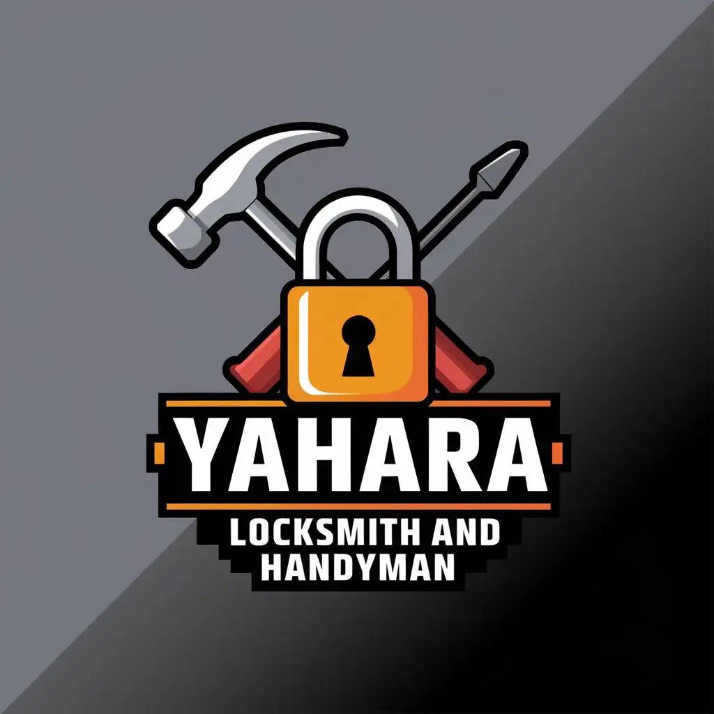 LOGO Design for Yahara Locksmith and Handyman Saffron Orange Padlock with Classic Skeleton Key Hammer and Screwdriver on Gray Mat Background