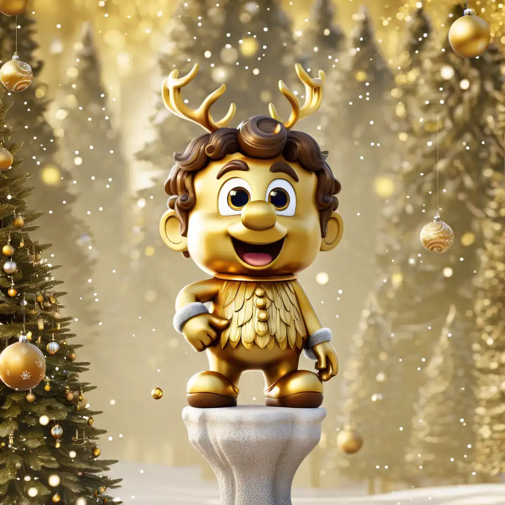 Full Body CartoonStyle Golden Statue in a Magical Christmas Forest