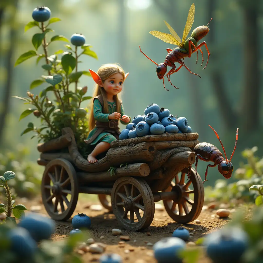 Hyperrealistic fantasy scene, 8K resolution: A wooden carriage made of branches pulled by giant ants, miniature sweet elven girl as coachman. Nearby, a miniature elven male rides a giant grasshopper, leaping to pick blueberries from an enormous blueberry plant, tossing them onto the carriage's flatbed. Intricate details, vibrant colors, dramatic lighting.