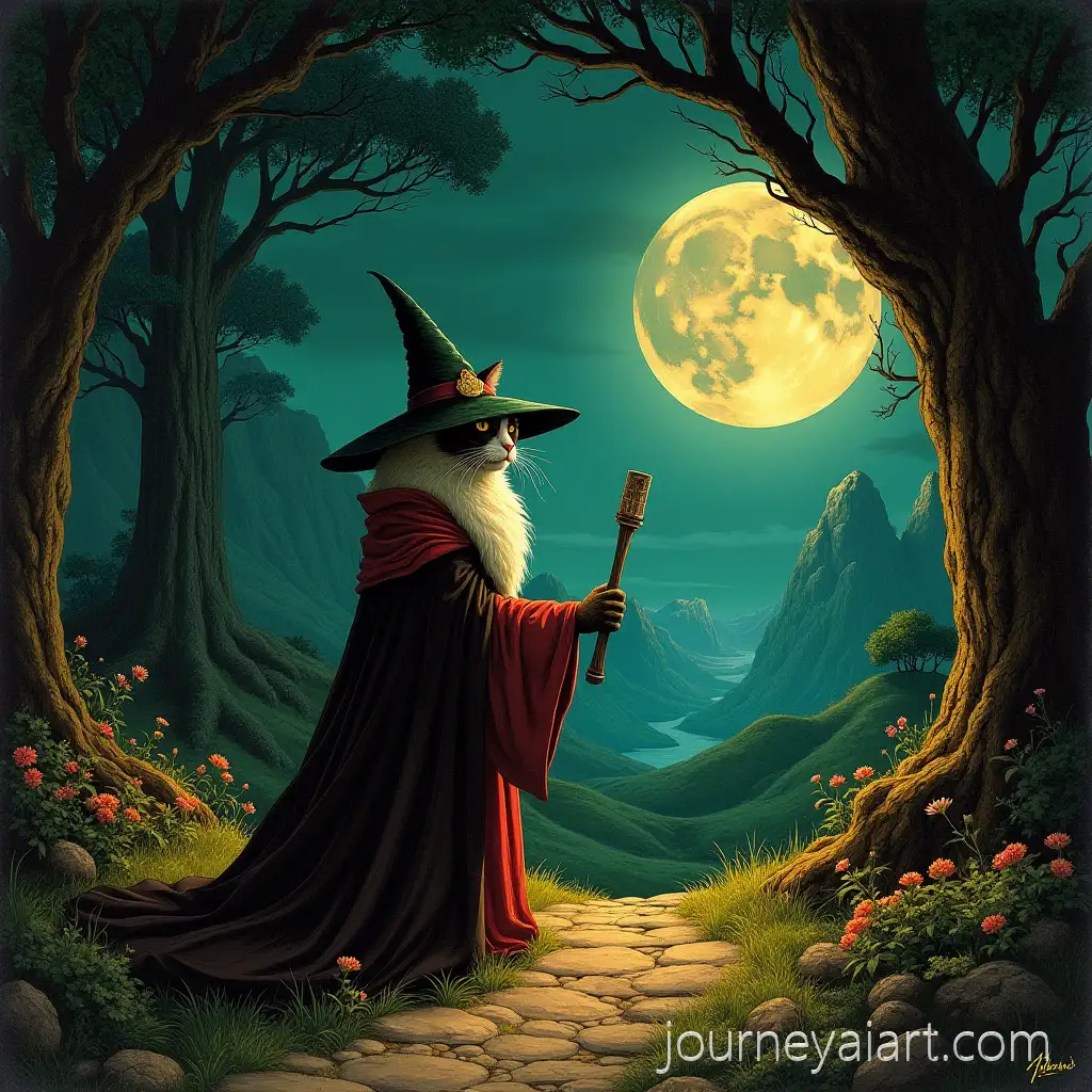 1970s-Dark-Fantasy-Book-Cover-Featuring-a-Cat-Wizard-in-a-Magical-Landscape