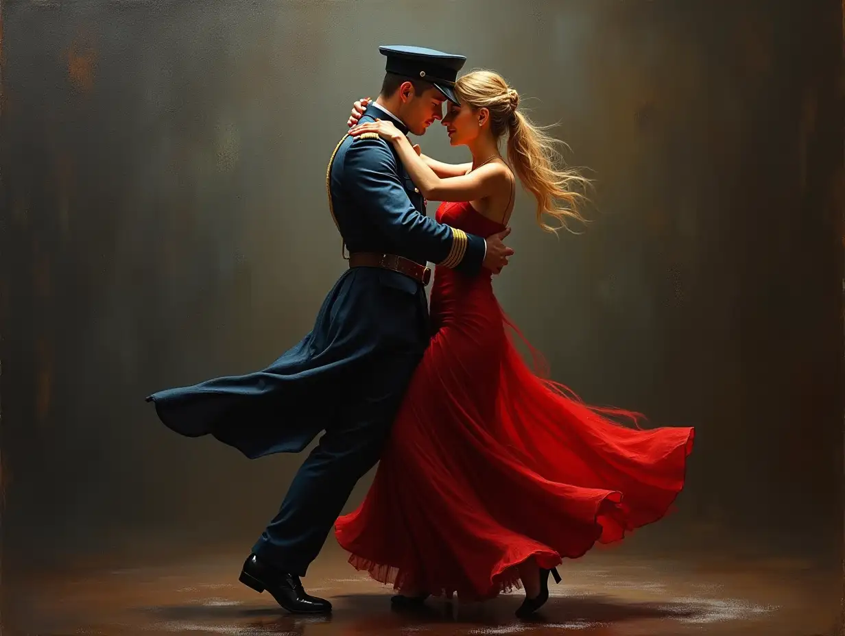 An oil painting man and woman are dancing the tango, both dressed in formal attire with the man wearing an Ukraine Military uniform, wet muddy, the woman wearing a flowing red dress. The background is a dark gray, creating an atmosphere of mystery and elegance, --s 500 --v 6.0 --style raw --ar 51:91