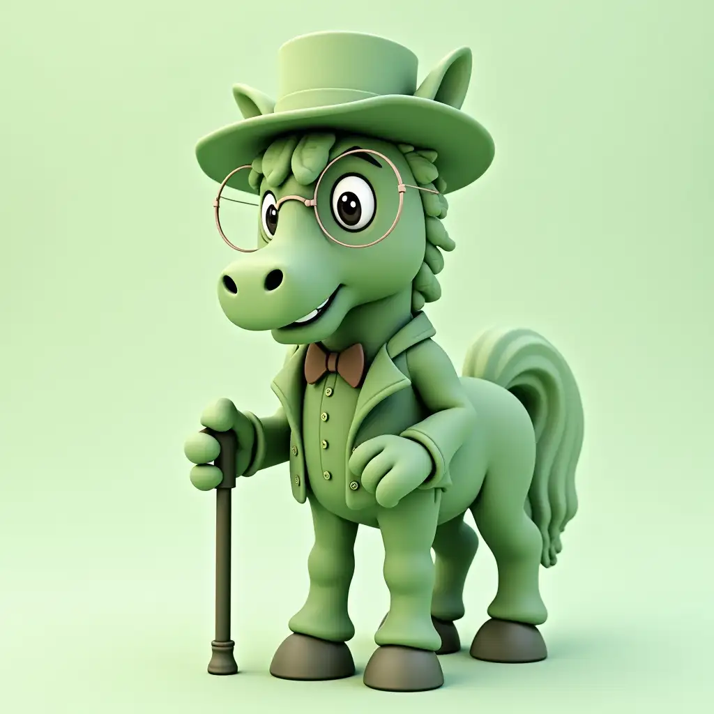 A 3D illustration of a middle aged green centaur that is half man half horse (in colour #12B57A) wearing a gentleman's hat, a monocle and holding a cane. Use colour codes #12B57A, #222222 and #737373 for the entire illustration as applicable.