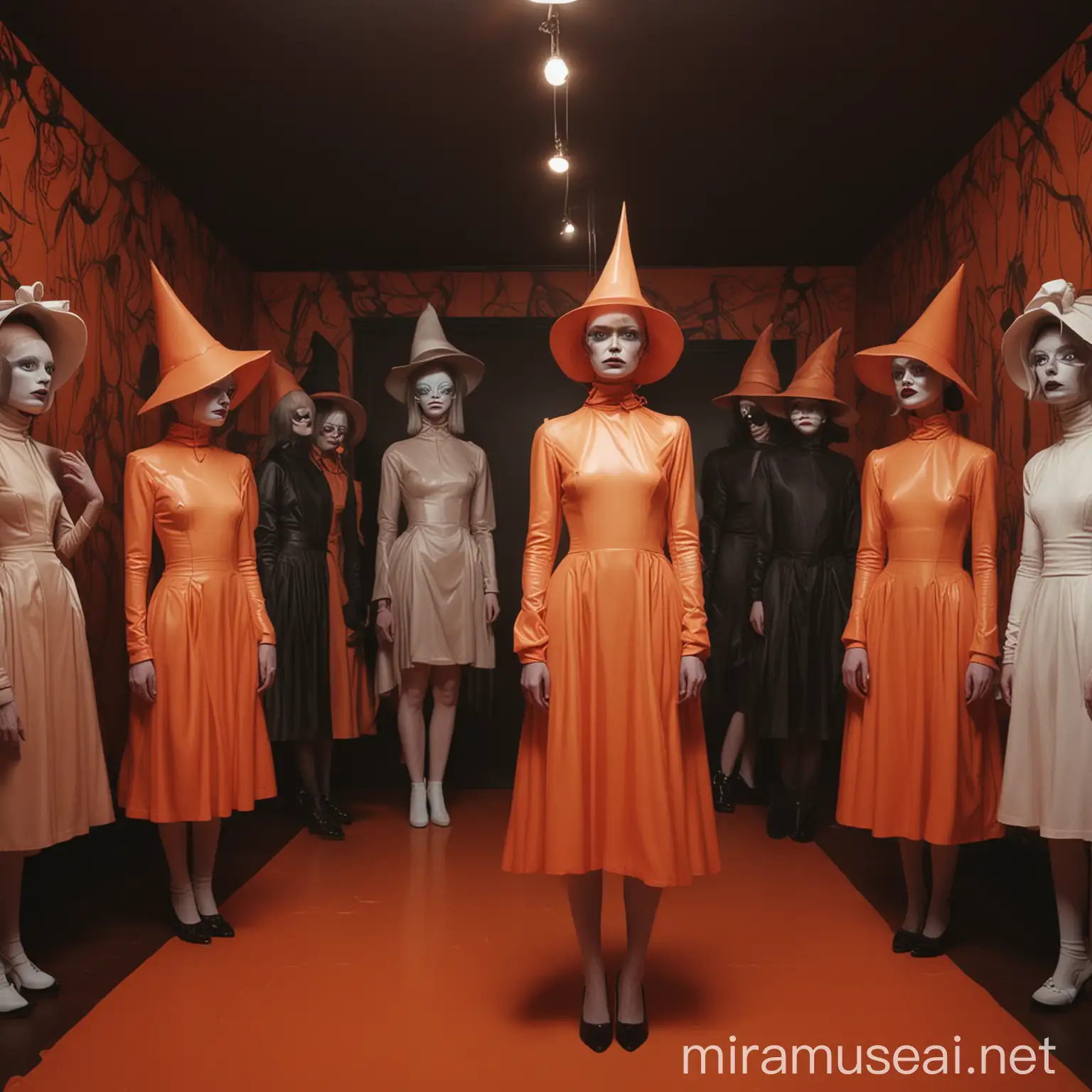 Surreal Fashion Show in an Orange and Black Room