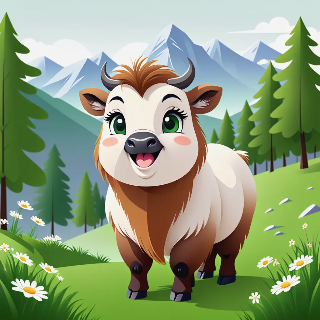 Kawaii Style Vector Illustration of a Happy Takin in Asian Landscape