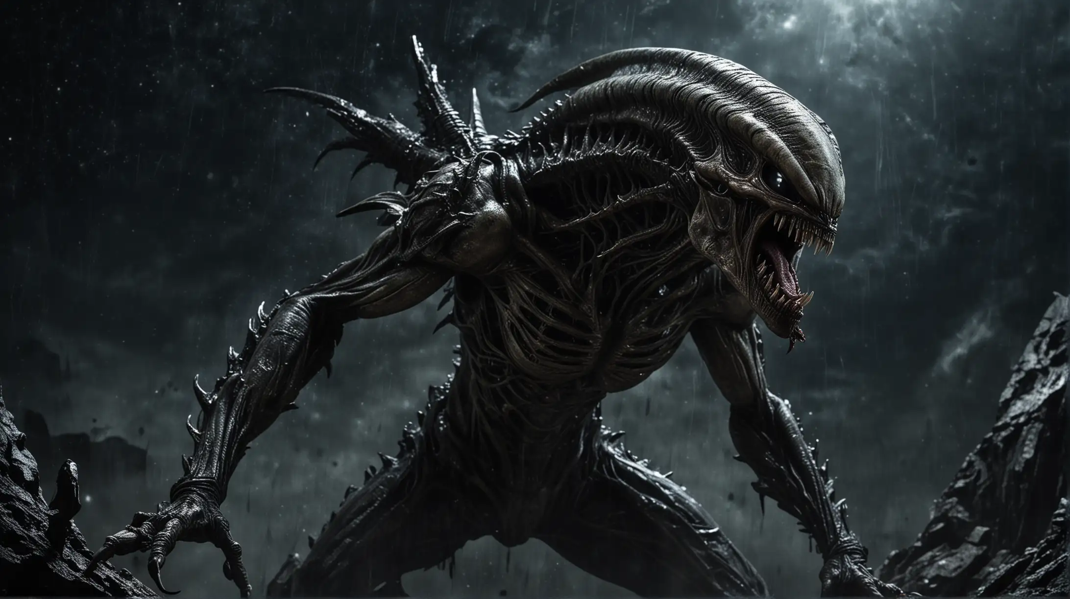 Menacing Alien Creature with Claws and Fangs in Dark Starry Space