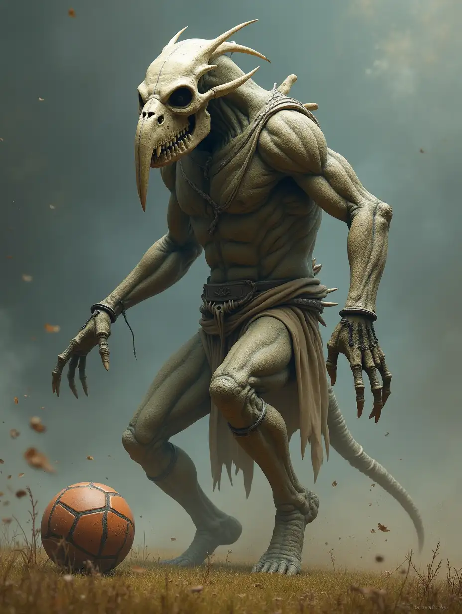 fantastic creatures with long skulls, with stony skin play football