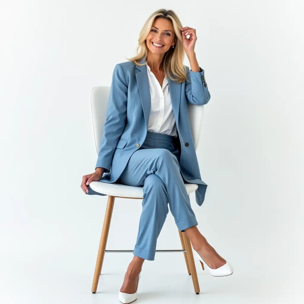 A woman 50 years old, with blond hair to her shoulders, with a slender figure and good skin, sits in a high chair in a studio, a white background behind. One leg of the woman touches the floor, the other leg is bent at the knee. A woman in a business trouser suit of heavenly blue color. The jacket is wiped, under a jacket on a woman a white blouse, white shoes, are visible from under the trousers. The woman smiles, touches her hair with one hand, the other hand on the knee. A woman is photographed for clothing advertising