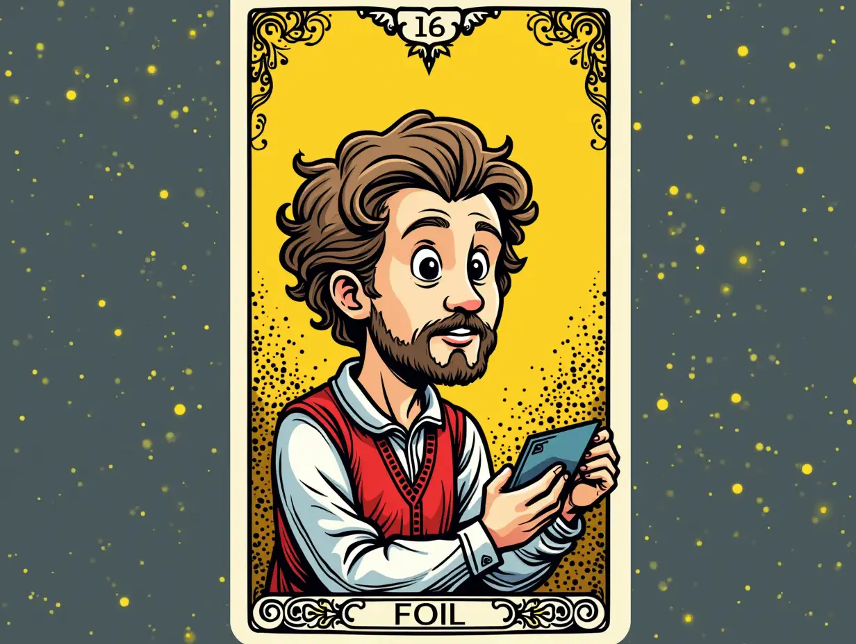 generate a Tarot card face for the Fool, in a cartoon style, main colors #FFD52B and #39E5B1