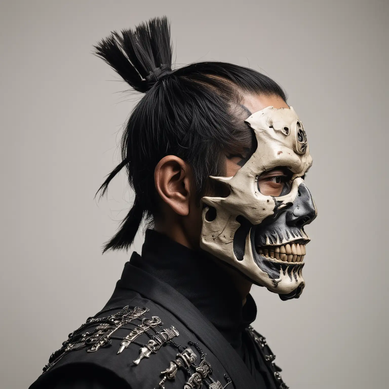 Side Profile Portrait of Buff Japanese Man in Samurai Mask and Turtleneck