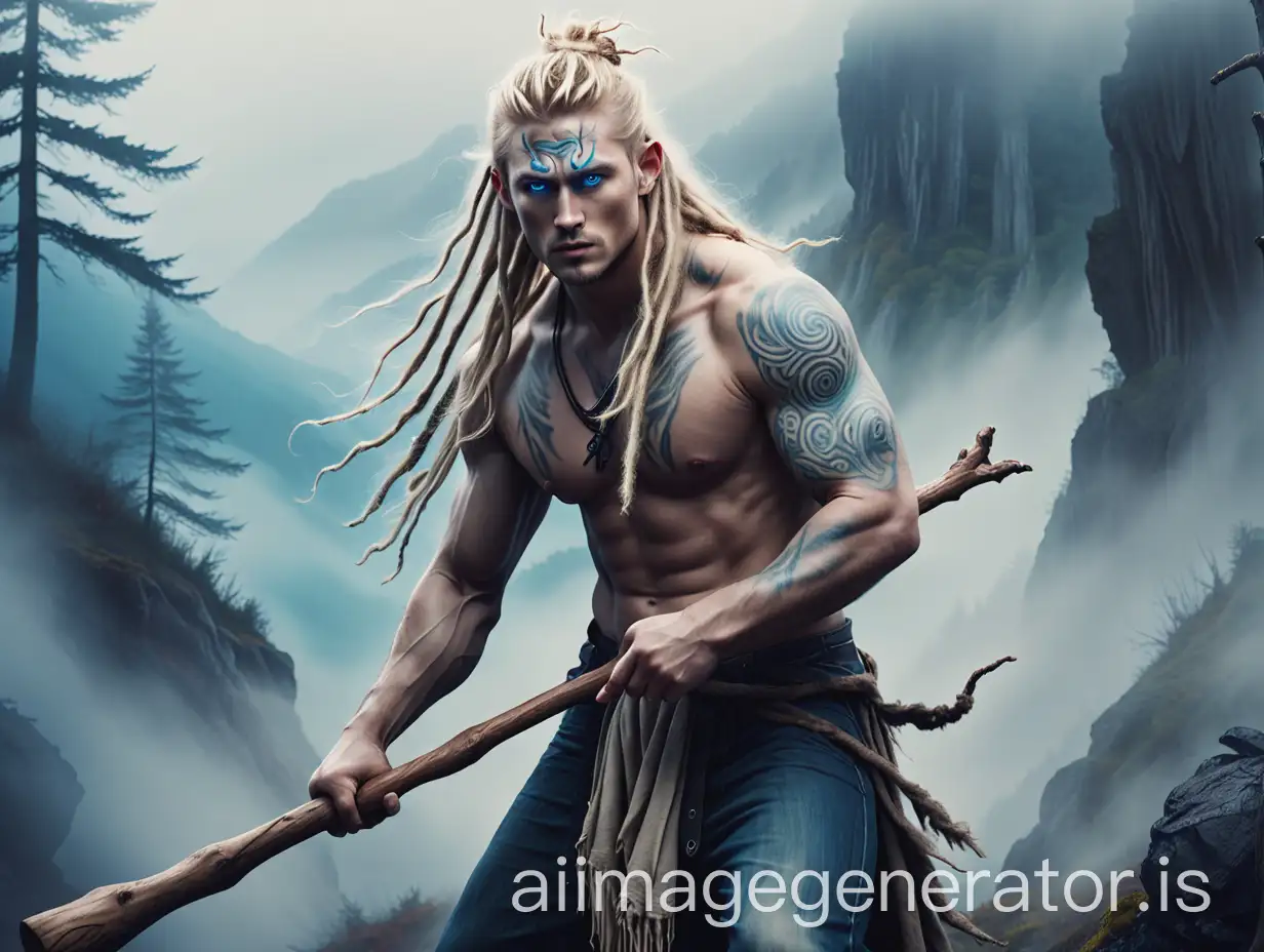 Fantasy male Human Druid that resembles dean winchester with blonde Dreadlocks, blue eyes, arm tatoos and a wooden staff standing in a fightin pose located in a misty mountain.