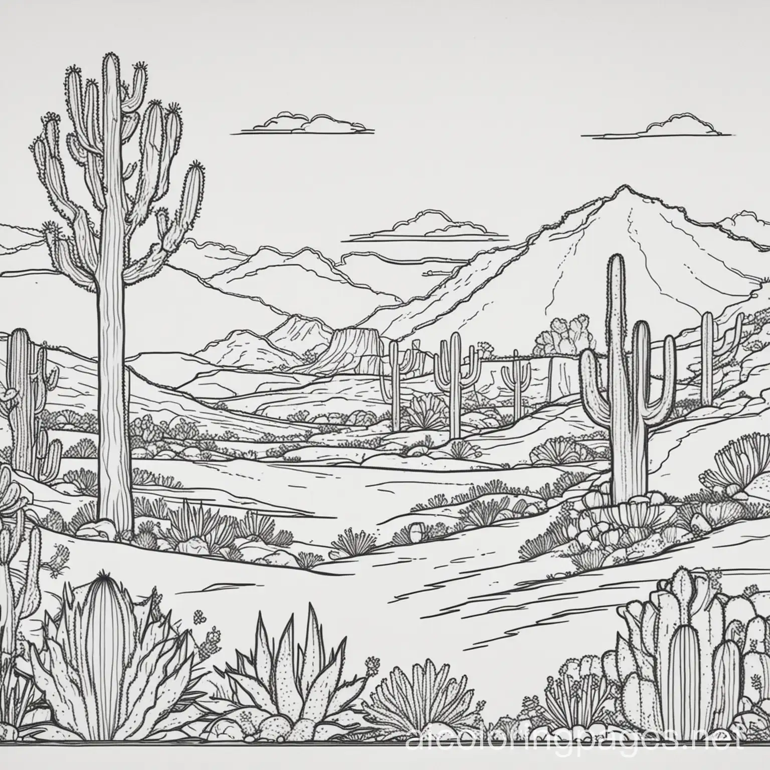 desert habitat coloring page, Coloring Page, black and white, line art, white background, Simplicity, Ample White Space. The background of the coloring page is plain white to make it easy for young children to color within the lines. The outlines of all the subjects are easy to distinguish, making it simple for kids to color without too much difficulty