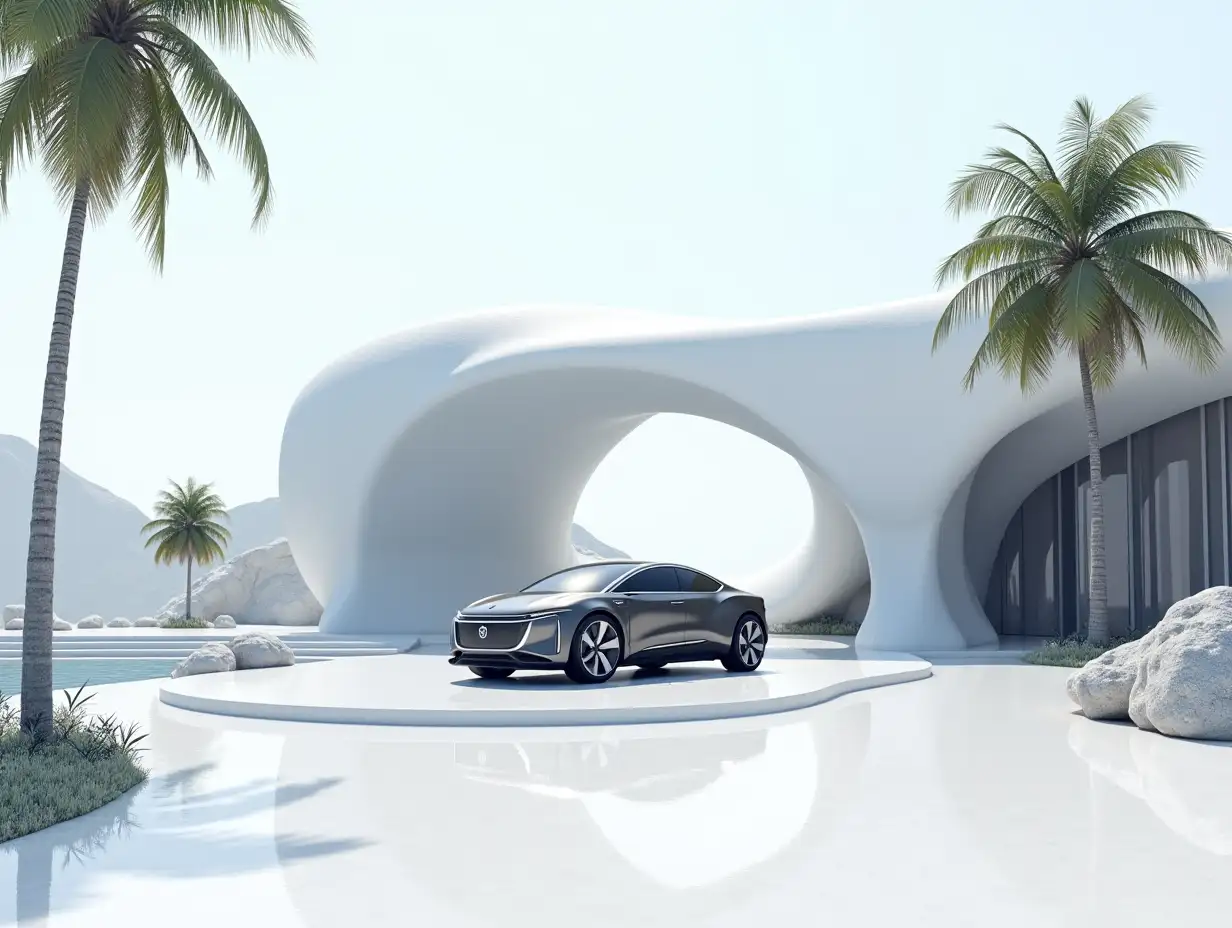 Create a high-resolution realistic image of a futuristic white building with black, curved columns, palms, rocks and a futuristic vehicle