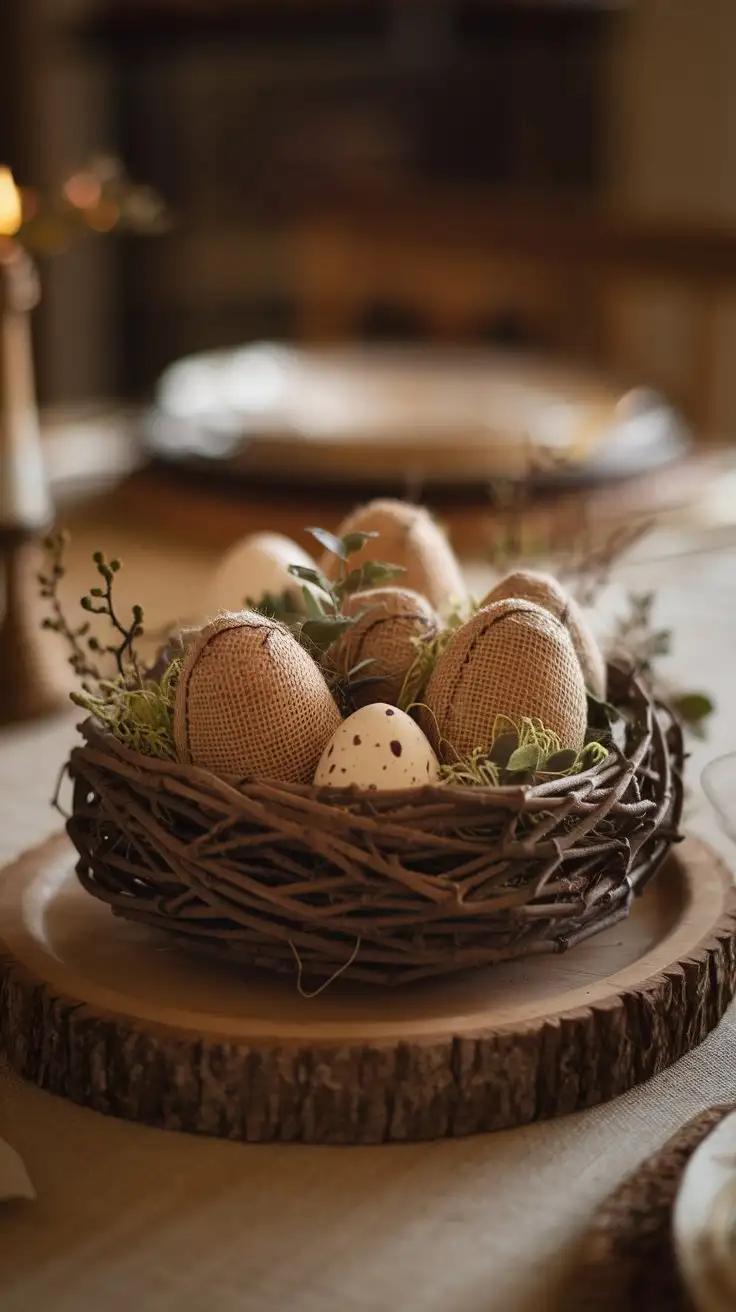 Grapevine-Nest-with-BurlapCovered-and-Speckled-Eggs-on-Rustic-Wooden-Plate