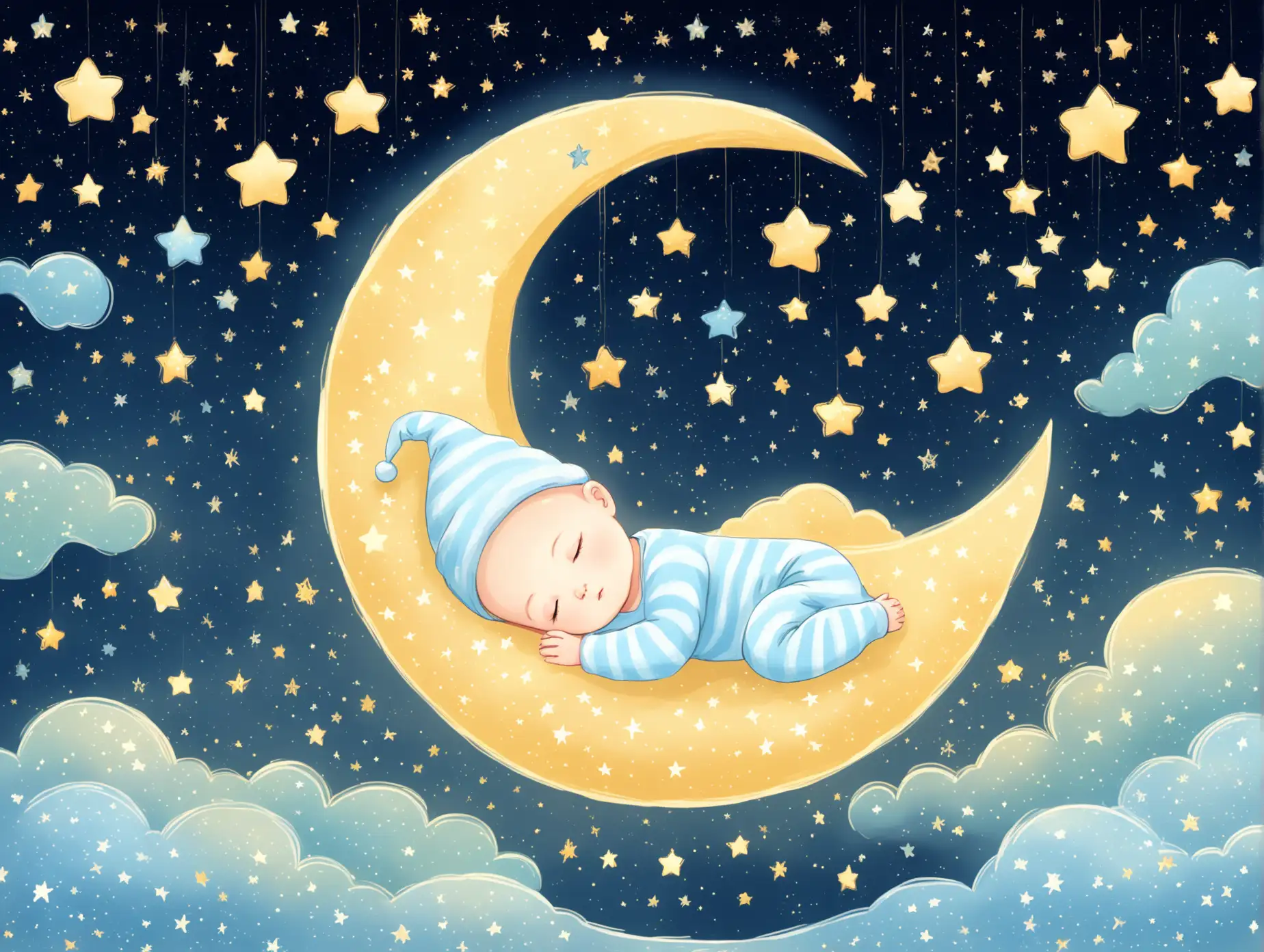 Baby-Sleeping-Peacefully-on-Crescent-Moon-with-Twinkling-Stars-and-Soft-Blue-Waves