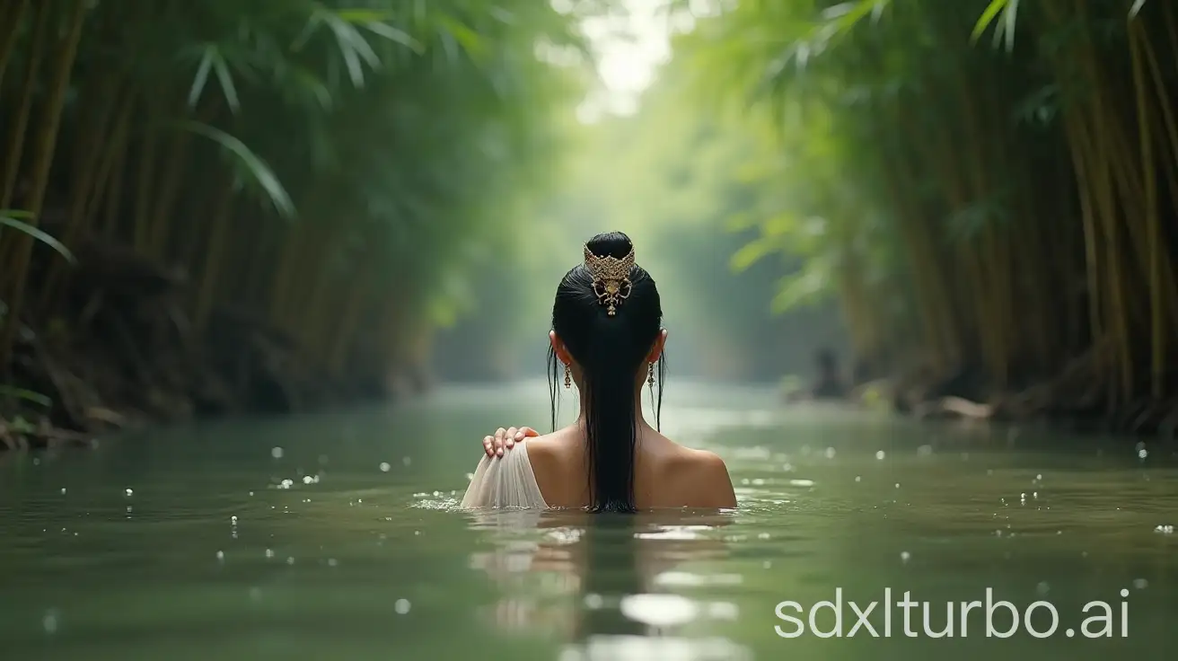 a princess from the Ancient Chinese Empire bathes in the Wajo River, Asia-Indonesia, back to camera, bamboo grove in the background