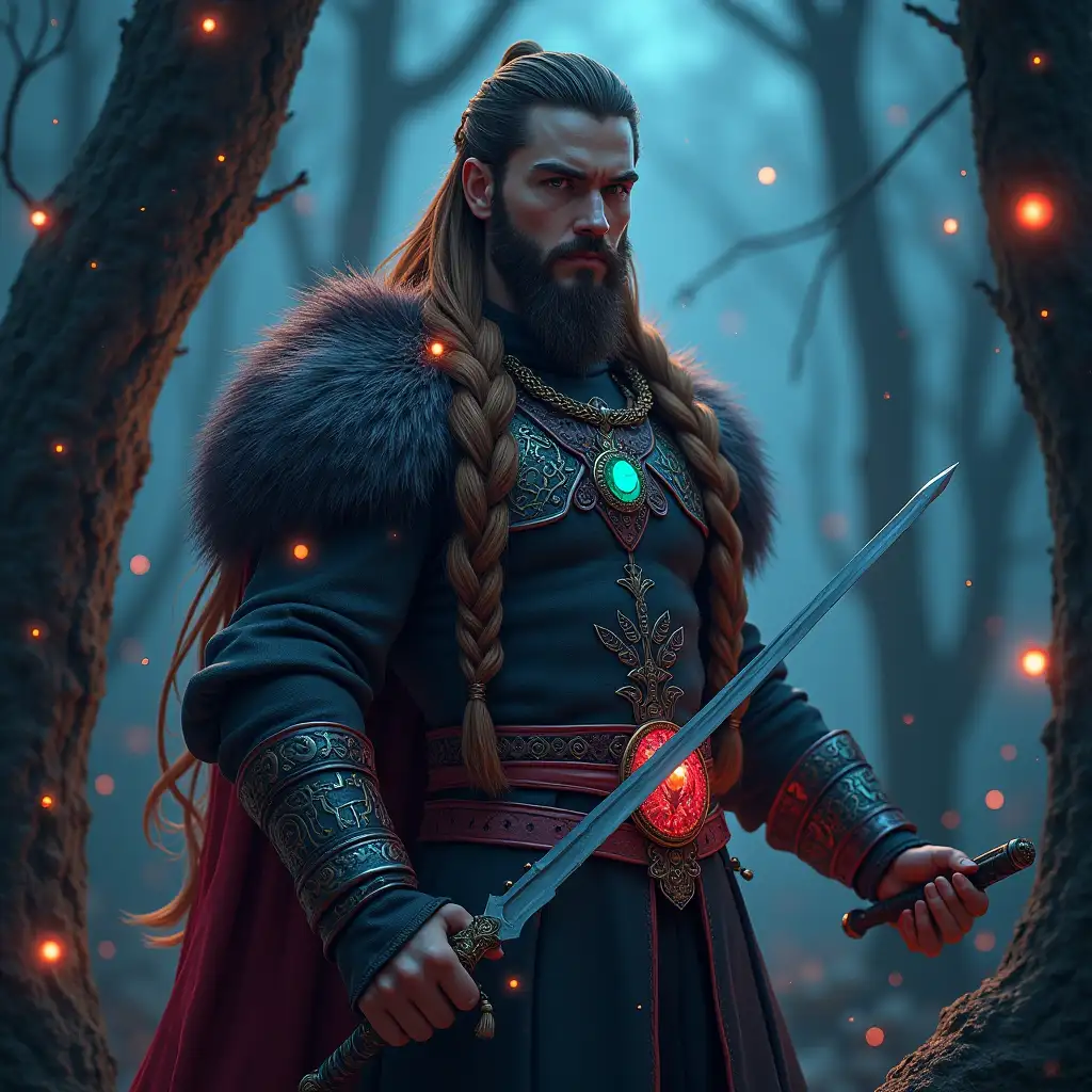 user_prompt: Hyperrealistic of a beautiful viking man with tattoo, futuristic long hair-braids holding a sword in hand, trees that are intricately detailed, colorful and futuristic jewelry. Night lights background  full body