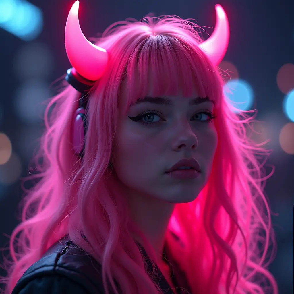 art cover. Create an image showing a young woman with pink hair embodying the lyrics of a song about digital love and gaming worlds. The young girl has pink horns. Convey the atmosphere of the song where the craziness and emotional comparisons of signals, beats, games and schizophrenia are personified through the image of this woman. Let the image convey the intensity and mystical energy of the song's lyrics.