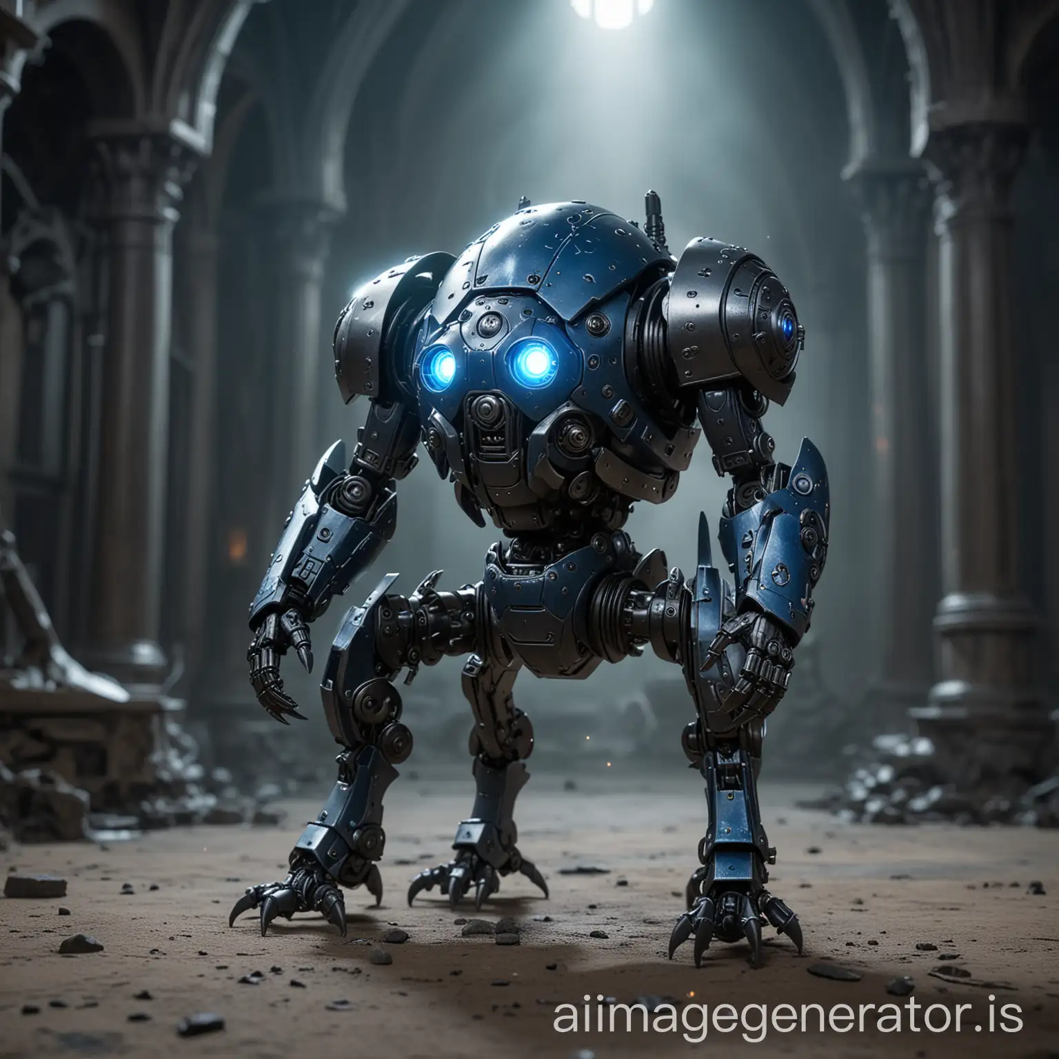steel Tachikoma with claws and shields legs, standing on 4 legs and glowing with eldritch magic in a dark gothic castle