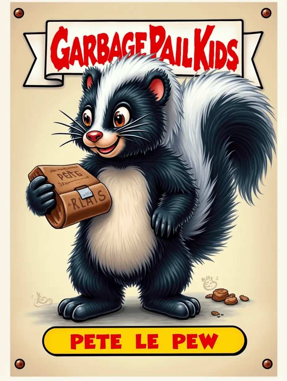 Skunk, Garbage Pail Kids trading card, Text on bottom: Pete Le Pew